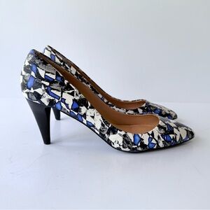 Joe's Jeans Rudy Abstract Print Leather Pointed Toe Pump in Blue Black & White 7